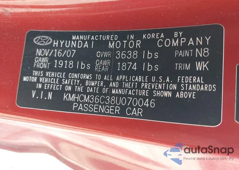 2008 Hyundai Accent Gs z USA, uszkodzony, nr VIN KMHCM36C38U070046